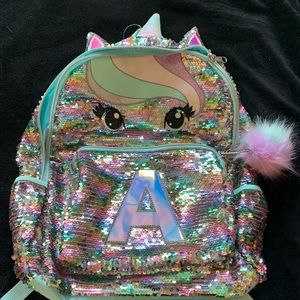 Justice sequin letter A backpack.
